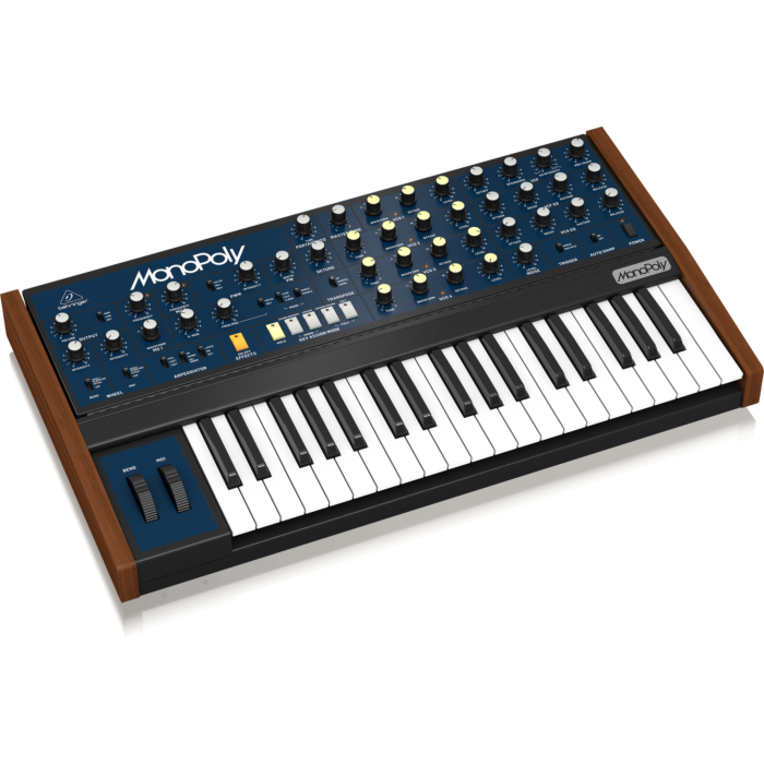 O Behringer MonoPoly é um sintetizador analógico dos anos 80 conhecido por seus sons épicos e exuberantes. Com quatro osciladores controlados por tensão (VCOs), oferece uma ampla gama de sons exclusivos. O caminho de sinal analógico autêntico baseado em d