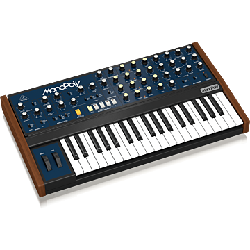 O Behringer MonoPoly é um sintetizador analógico dos anos 80 conhecido por seus sons épicos e exuberantes. Com quatro osciladores controlados por tensão (VCOs), oferece uma ampla gama de sons exclusivos. O caminho de sinal analógico autêntico baseado em d