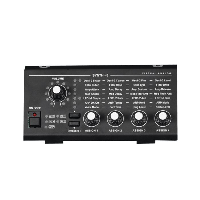 Synth-8 é um sintetizador de dois osciladores e oito vozes com uma reprodução fiel de um clássico filtro analógico multimodo americano com saturação, roll off de 12dB e 24dB e ressonância robusta.-Expansão | Viscount Legend 70s | Synth-8 Module | Teclacen